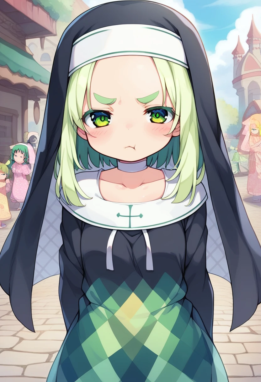 score_9, ,score_7_up, score_6_up, 1girl, source_cartoon, source_anime,breathtalking Scenery,watercolor,smooth soft skin, natural skin,mjm
BREAK 
(loli:1.4),(little female child:1.4), small breast,cute face, (loli toddler:1.1), 6 yo,kawaii, (highlight on eyes), (jiggly:0.8), shiny skin,beautiful eyes, detailed eyes, puffy eyes,
BREAK 
(medium green hair:1.3),(green maro eyebrows:1.6),pouty and slightly grumpy,(pout:1.2), ::(, (jitome),(frown:0.6),white streaked hair, green eyes, 
BREAK 
from behind, behind shot,(zigzag pattern nun dress), (pastel veil:1.2),choker,nun,excessive detailed collarbone,exposed collarbone, dynamicangle,
BREAK
As the cultural festival unfolded, the picturesque setting of the old town, with its cobblestone streets and ancient architecture, seemed to transport us back in time