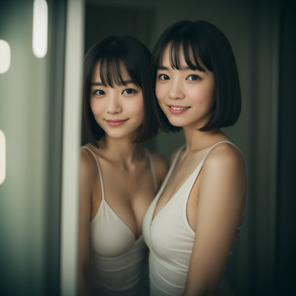 Japan women, Young Face, bob cut  hair, morning, window, barechested、a smile、Incomplete details, Shot with Leica, analogue, 35 mm:: (Artistic light leakage:1.4), Lens Flare::4 - Style Raw - AR 2:3 --s 150 --c 4