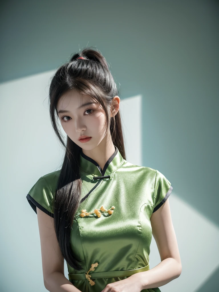 korean model , slim body , 167cm ，Movie Angle，long black ponytails hairstyle, （Cute girl,??????? correct, Pastel Spring Green silky chinese qipao with short sleeves，（ art，geomerty），（plethora of colorest quality，high detail，tmasterpiece，Cinematic lighting effects，4K，Chiaroscuro )
