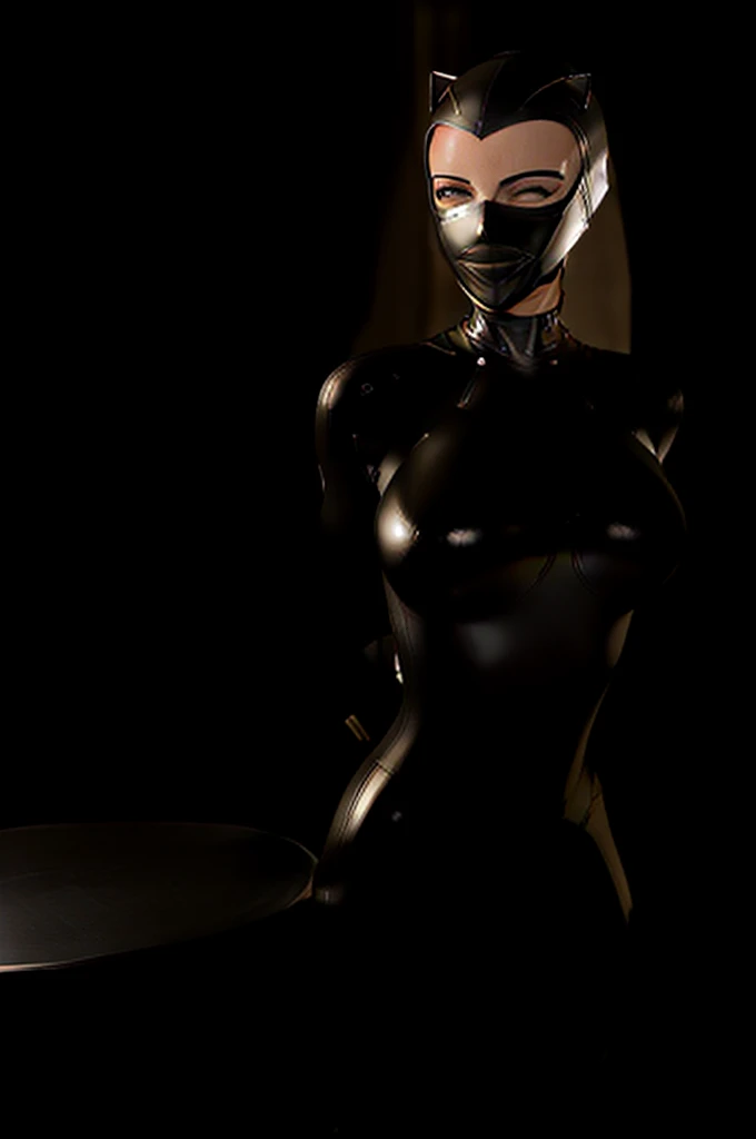 (far shot, full shot), photorealistic masterpiece, photoshoot, hasselblad photography, face, (skinny) Adult waitress wearing a silver (latex mask, latex hood, open latex catsuit:1.5), (large breasts, perfect cleavage, round breasts, plunging neckline:1.2), extremely detailed face, beautiful face, cinematic lightning, (studio lighting), (serving in a restaurant, holding a plate, dishes, food, serving:1.2)