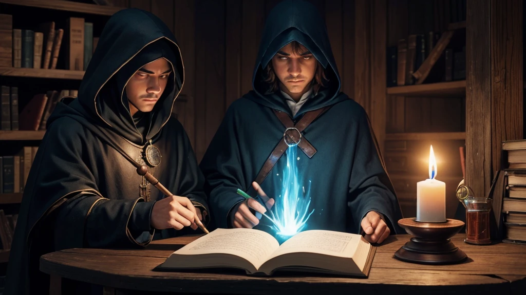 create an image of mage with a hood so his face does not show, making experiments with colored glowing potions around books and wood furniture inside a dark room with only two candles. The resolution must be 1920x1080.