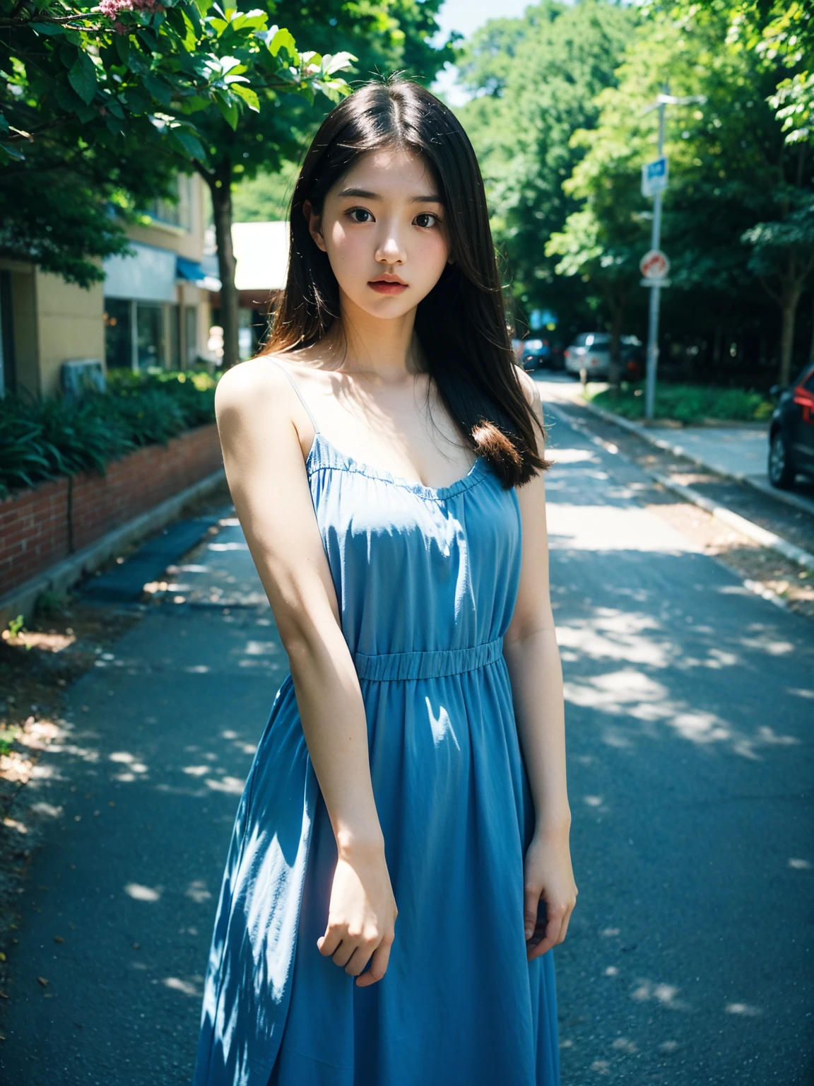Best quality, masterpiece, film grain, photo by fuji-proplus-ii film, raw photo of 20 years old woman in blue dress, waist up, sky, outdoor, soft key lighting, deep shadow, dark theme,