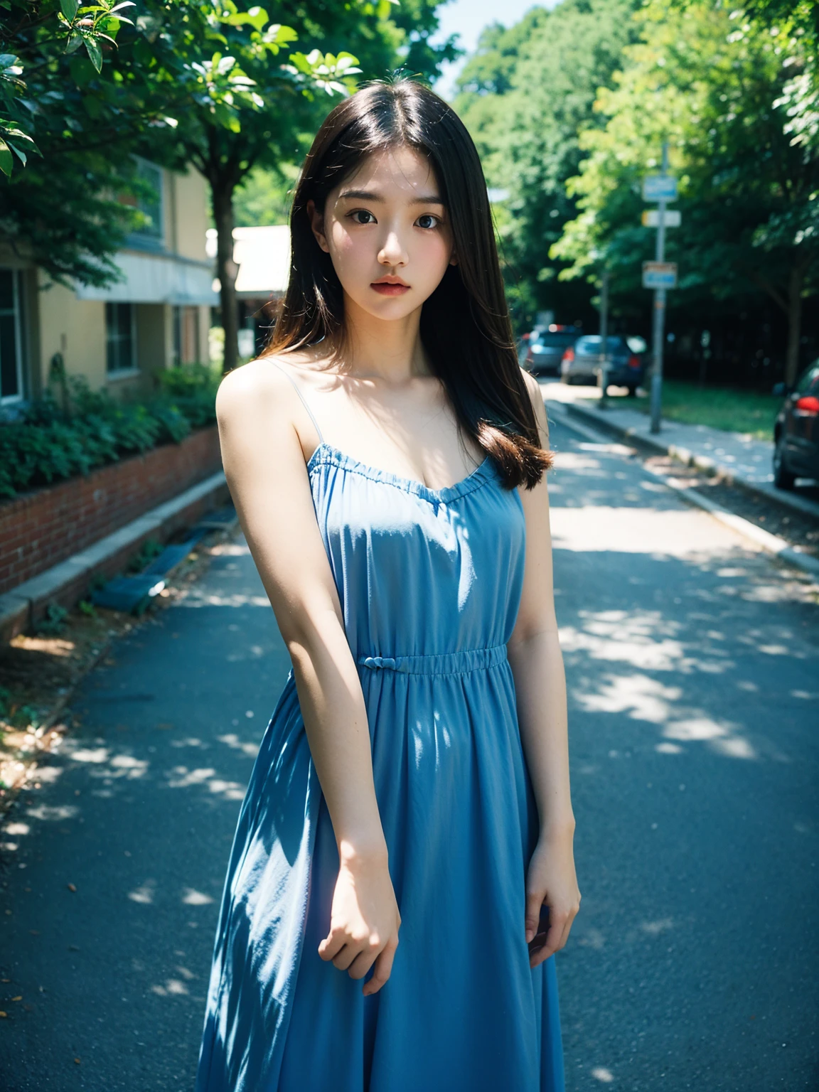 Best quality, masterpiece, film grain, photo by fuji-proplus-ii film, raw photo of 20 years old woman in blue dress, waist up, sky, outdoor, soft key lighting, deep shadow, dark theme,
 