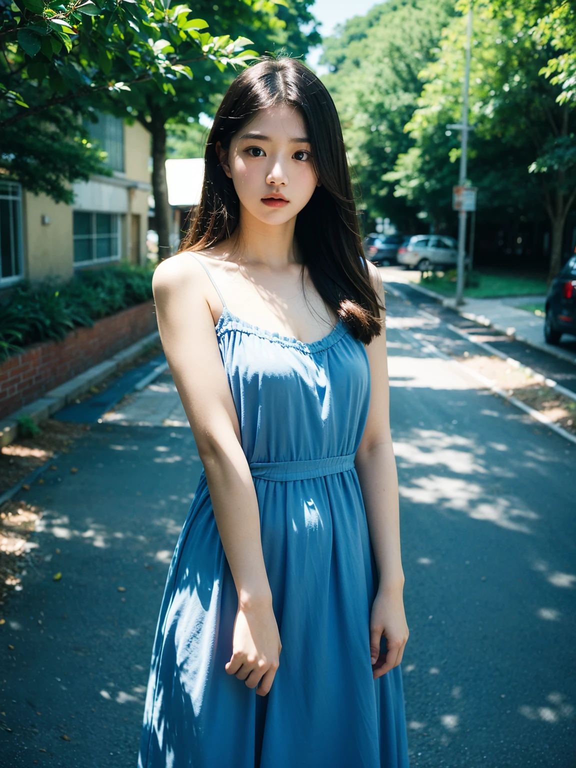 Best quality, masterpiece, film grain, photo by fuji-proplus-ii film, raw photo of 20 years old woman in blue dress, waist up, sky, outdoor, soft key lighting, deep shadow, dark theme,
 