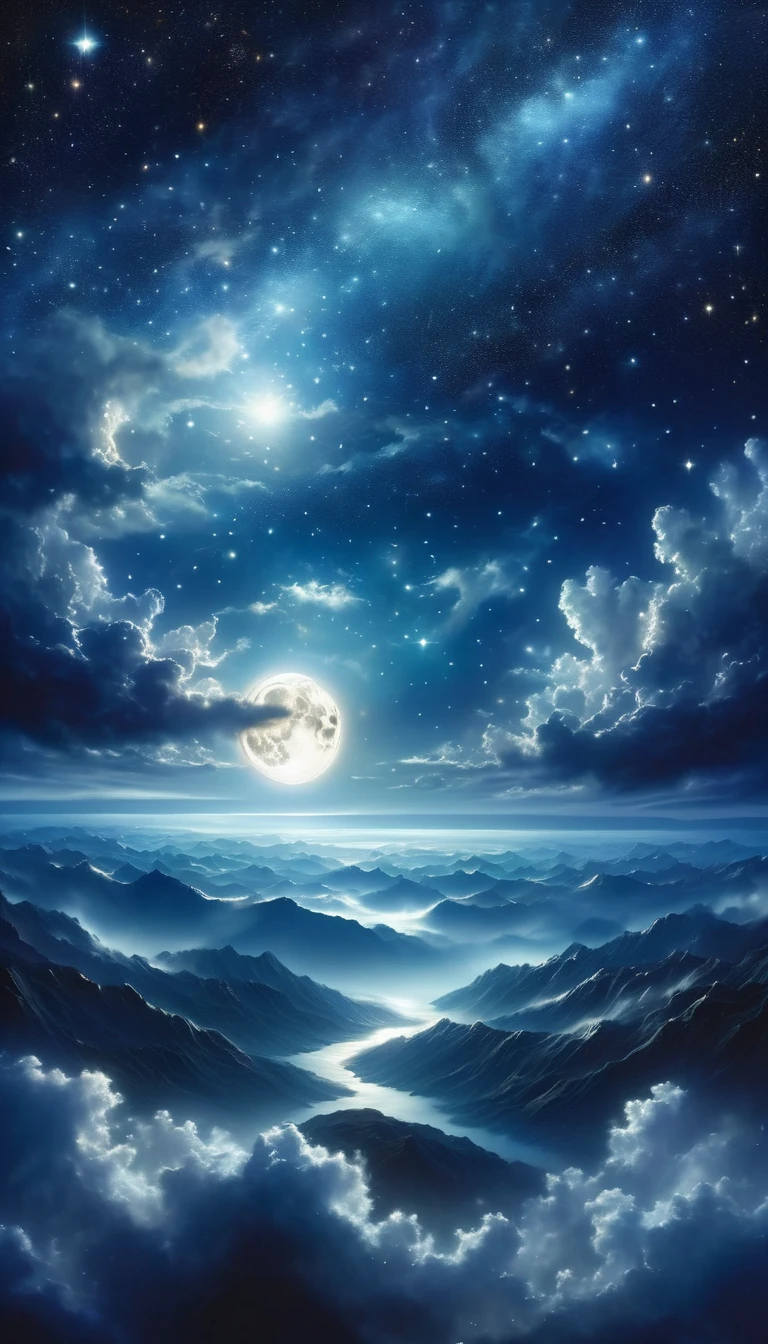 a magical night sky with a full moon and twinkling stars, oil painting, (best quality,4k,8k,highres,masterpiece:1.2),ultra-detailed,(realistic,photorealistic,photo-realistic:1.37),dramatic lighting,cinematic,moody atmosphere,fantasy landscape,dramatic clouds,ethereal,glowing moon,starry night,detailed night sky,atmospheric