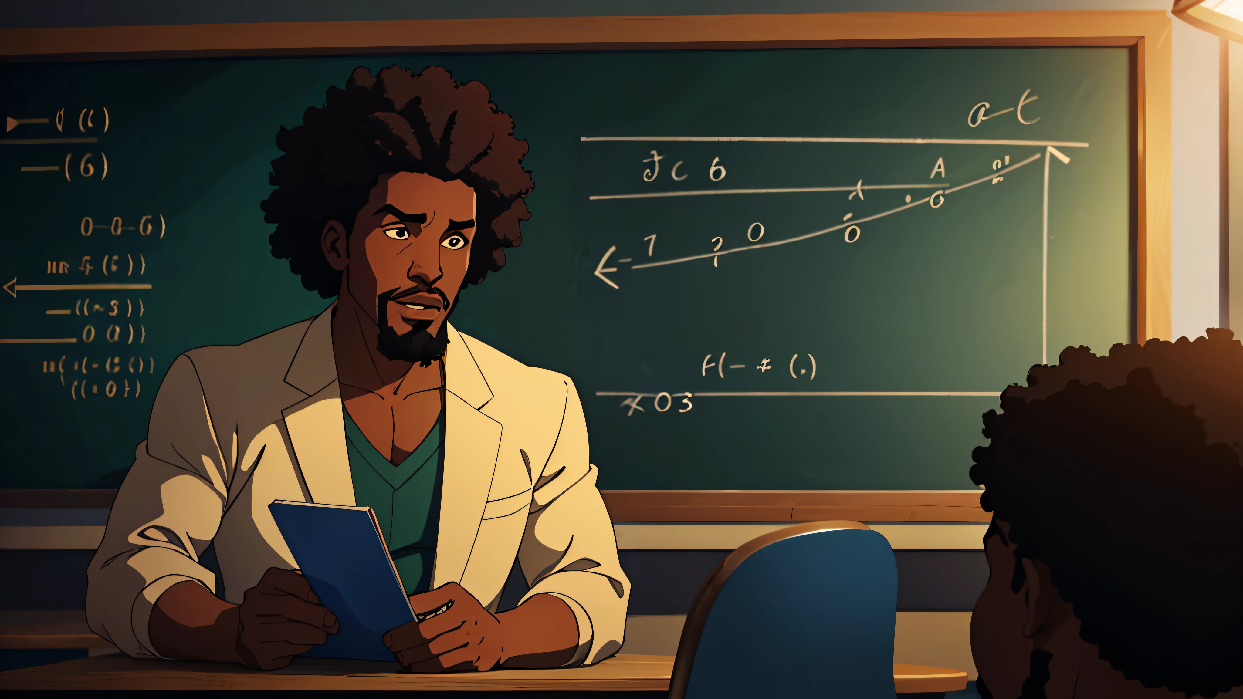 1970s, african-american male scientist solving mathematical equations written on a chalkboard, he has an afro and goatee, classroom, cinematic action, atmospheric perspective, depth of field, textured skin, super detail,