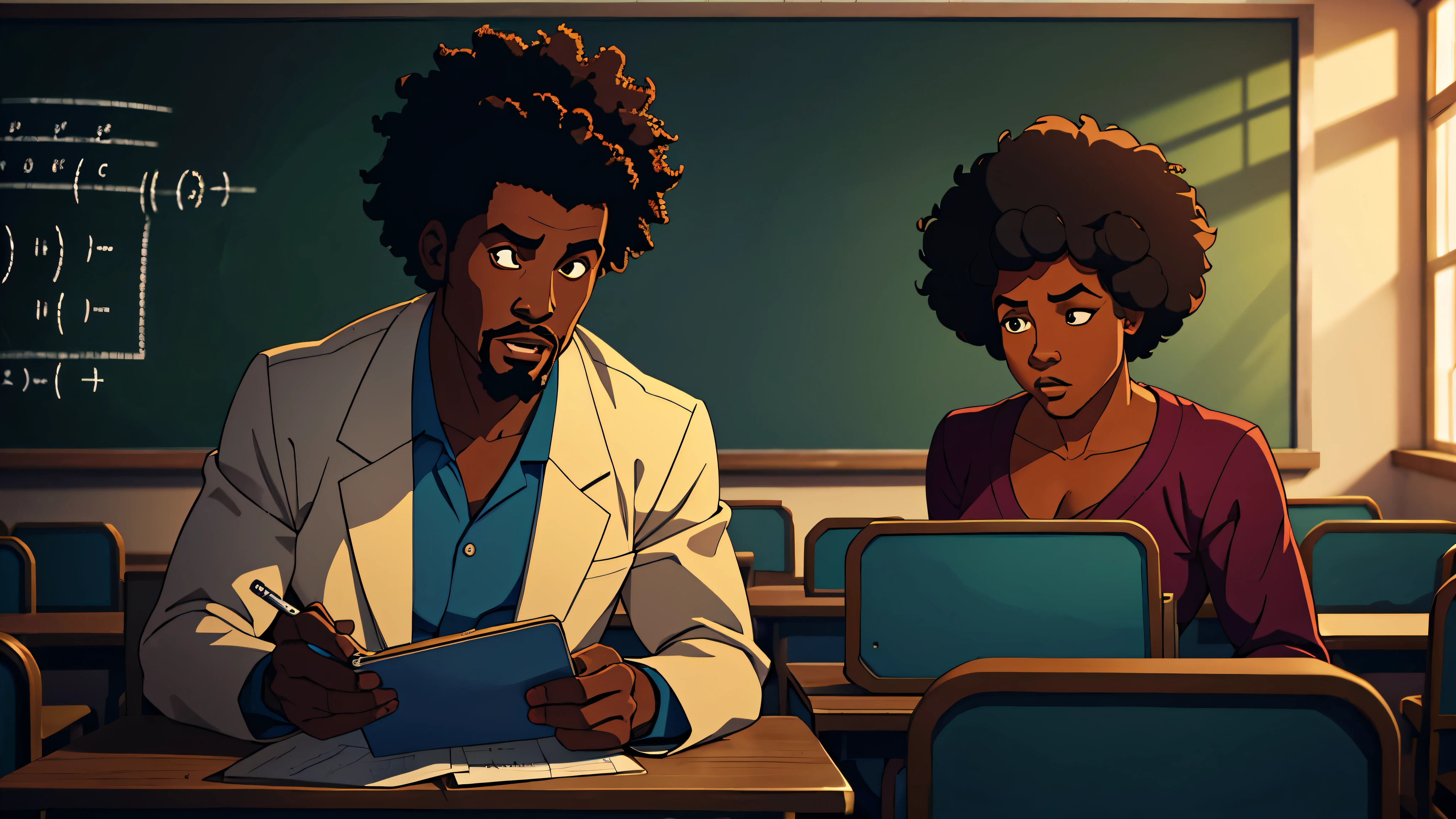 1970s, african-american male scientist solving mathematical equations written on a chalkboard, he has an afro and goatee, classroom, cinematic action, atmospheric perspective, depth of field, textured skin, super detail,