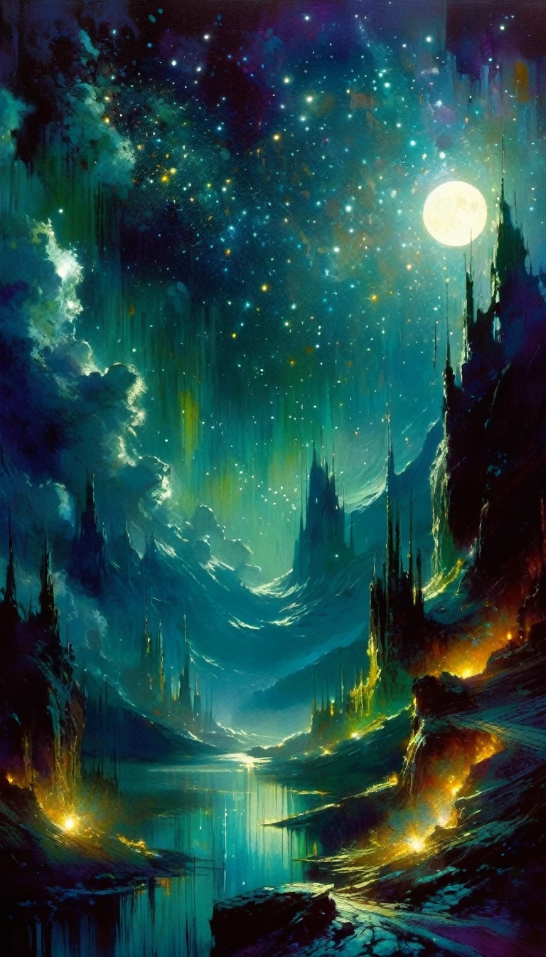 a night sky full of stars, the moon shining brightly, a magical and fantastic landscape, oil painting, (art inspired in Bill Sienkiewicz), detailed night sky, detailed moon, detailed stars, fantasy, dramatic lighting, cinematic, rich colors, chiaroscuro, dynamic composition, atmospheric, moody, ethereal, mystical