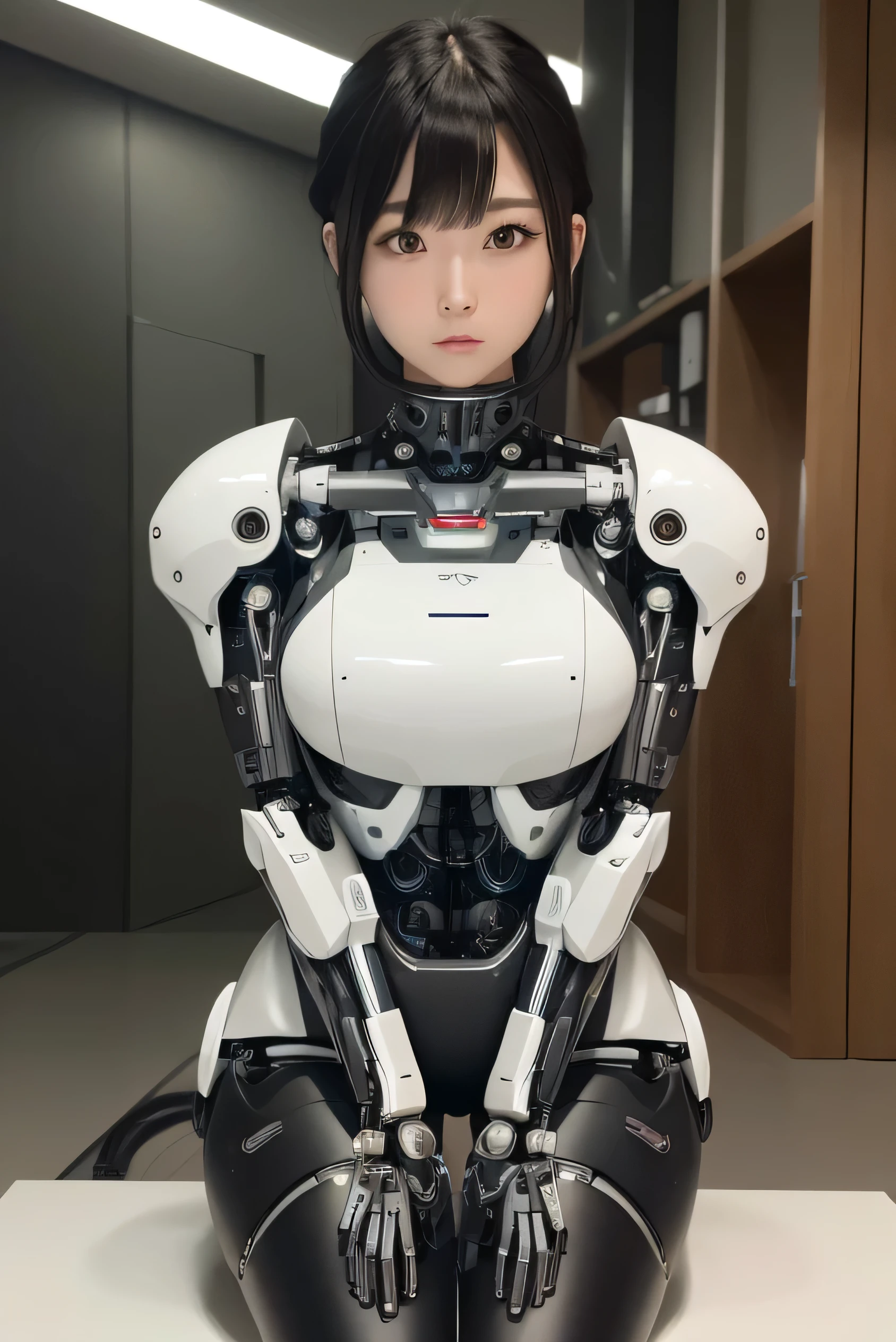 masterpiece, best quality, extremely detailed, 1girl in, Japaese Cyborg woman,Plump , control panels,android,Droid,Mechanical Hand, Robot arms and legs, Black Robot Parts,Black hair,Mechanical body,Blunt bangs,White robotics parts,perfect robot girl,future information counter,reception,long tube,thick cable connected her neck,ceramic body ,mechanical body,platform sneaker,android,robot,humanoid,cyborg,information office,japanese android receptionist ,mechanical chest,dark black tights