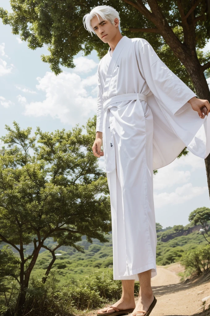 An anime boy flying in the sky, white hair, medium height, wearing old-fashioned white Japanese clothes, and has golden eyes