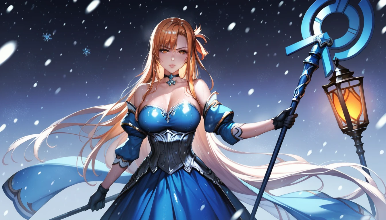 score_9, score_8_up, score_7_up, score_6_up, uncensored, Yuuki Asuna, absurdly long hair, orange eyes, orange hair, very long hair, lips, shiny skin, sweating, wet, wet hair, steaming body, heavy breathing, large breasts, detailed body, detailed eyes, expressionless, glaring eyes, 1girl, staff, solo, snowing, bare_shoulders, breasts, gloves, jewelry, holding_staff, snow, blue_dress, detached_sleeves, snowflakes, holding, strapless_dress, choker, strapless, looking_at_viewer, holding_staff, standing,