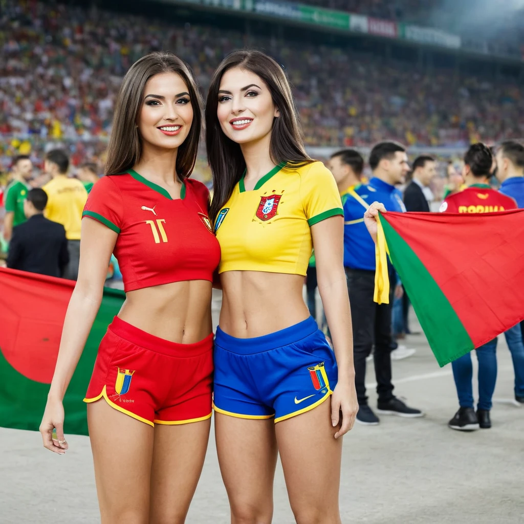 two beautiful woman Supporter of the portugal and romania national football team, cheer for their beloved team , photo style sport news , full body style