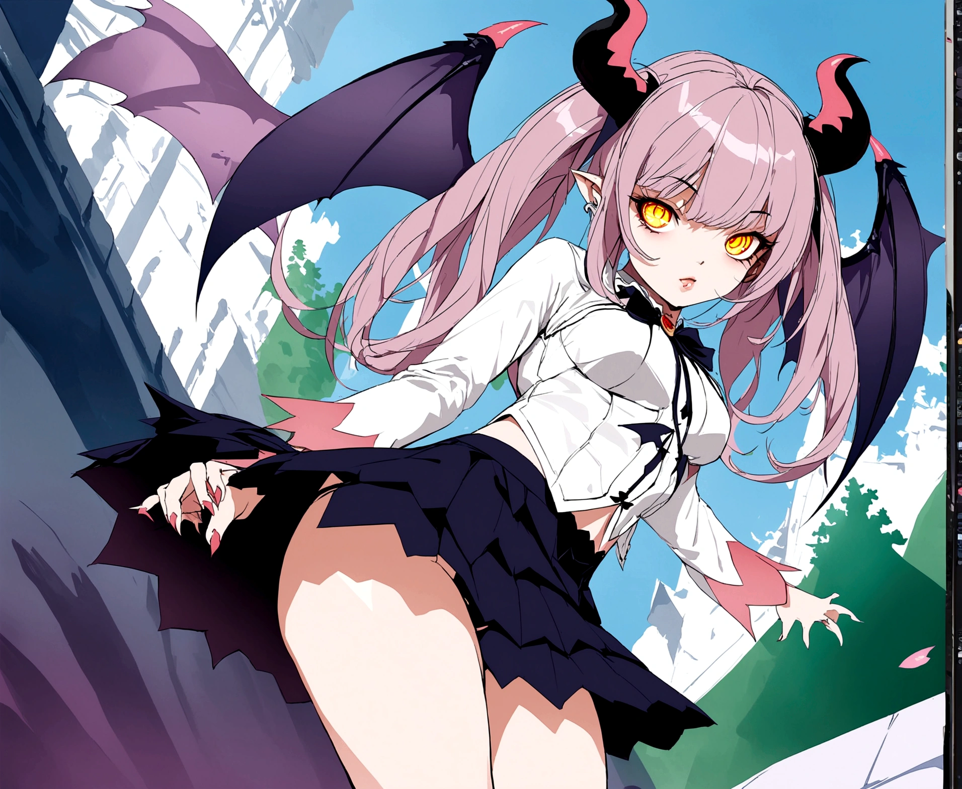 A succubus girl, long dark hair, piercing eyes, full lips, seductive expression, black lace lingerie, horns, bat wings, glowing red eyes, dark fantasy, moody lighting, dramatic shadows, cinematic composition, digital art, concept art, hyper detailed, intricate, rich colors, dramatic lighting, photorealistic, masterpiece