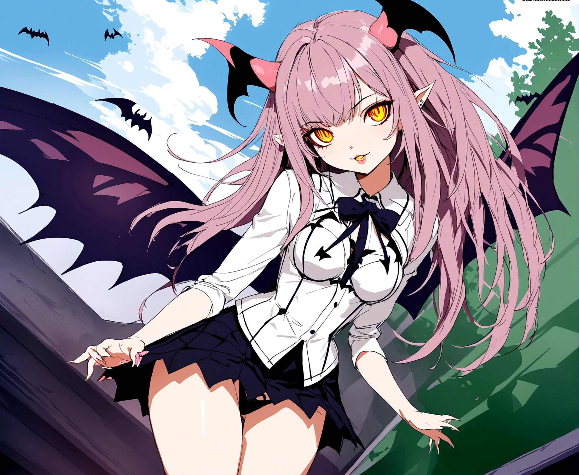 A succubus girl, long dark hair, piercing eyes, full lips, seductive expression, black lace lingerie, horns, bat wings, glowing red eyes, dark fantasy, moody lighting, dramatic shadows, cinematic composition, digital art, concept art, hyper detailed, intricate, rich colors, dramatic lighting, photorealistic, masterpiece