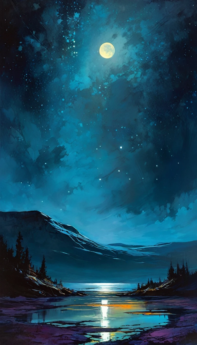 a night sky full of stars, the moon shining brightly, a magical and fantastic landscape, oil painting, (art inspired in Bill Sienkiewicz), detailed night sky, detailed moon, detailed stars, fantasy, dramatic lighting, cinematic, rich colors, chiaroscuro, dynamic composition, atmospheric, moody, ethereal, mystical
