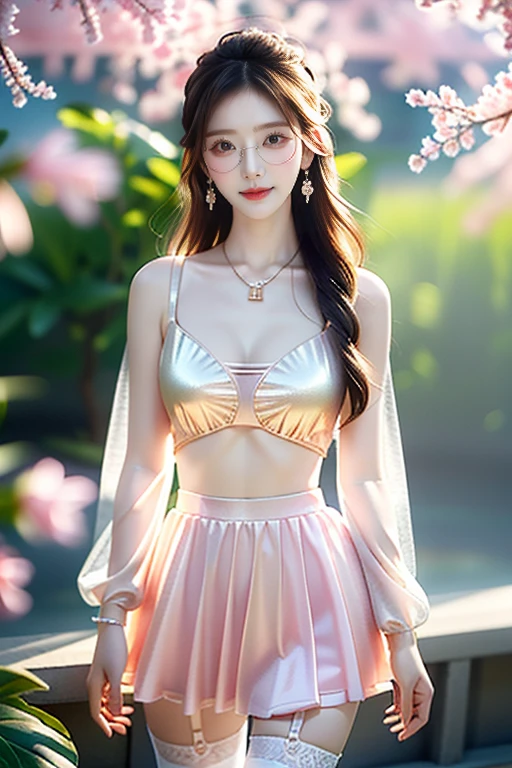 waterfall hot spring background at night，(8K Ultra HD、Digital SLR Camera、Soft Light、high quality、Volumetric Lighting、frank、photo、high resolution、4K、8K、Bokeh)，(Rich details on the eyes and face，warm color, Very saturated colors，Show a charming smile, Willow Leaf Eyebrows，Apricot eye prick，Cherry Blossom, mouth close, Balanced Eyes, Oval face，Perfect face, Pretty Face, Skin is transparent and visible, Fine-skinned tender meat，cosmetic, (Glasses),earrings，Bracelet，necklace, Jewelry，veil，Hair accessories)，(Create stunning images of real girls, warm light, Dynamic poses, Elegant Posture, Cowboy lens, Full body front view，Looks confident from the front，Body front facing the camera，Standing posture facing the camera，Open your legs slightly，Golden Ratio Graphics，Minimalism ), Southeast Asian women，Waist-length hair，Messy Hairstyle, Gradient hairstyles，Cyberpunk hairstyle，(Transparent clothes：1)，Pink clothes，Thin clothes。Transparent mesh clothes，Transparent clothes，Transparent shirt，Transparent louver skirt（Sexy，Perfect breast shape、very detailed breasts，34E cup），No underwear，（Super high waist，Waist hollow，Levain），Black socks.（Transparent knee socks、吊garter，Leg ring，garter、腿部garter）