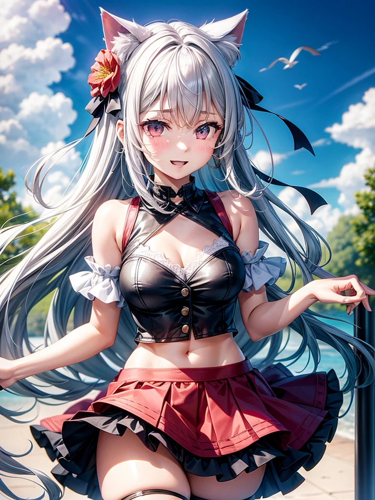 Silver hair, pink eyes, body, cat ears, adult girl, earrings, flower sky background, green gold top and skirt, hair bows, happy face, thigh up