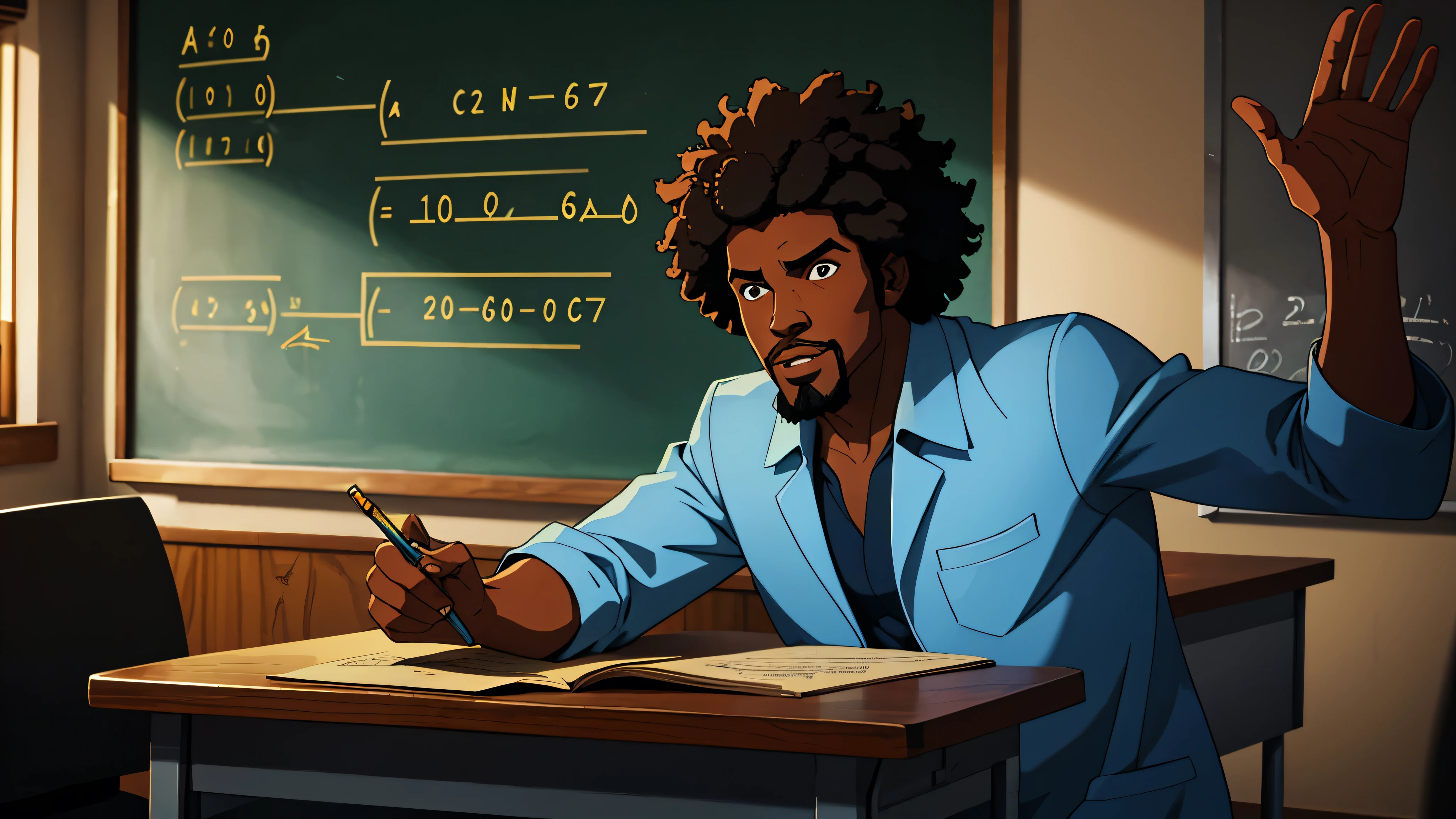 1970s, african-american male scientist solving mathematical equations written on a chalkboard, he has an afro and goatee, classroom, cinematic action, atmospheric perspective, depth of field, textured skin, super detail,