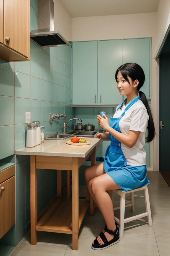 20 year girl with dinner Doraemon family in Doraemon house kitchen