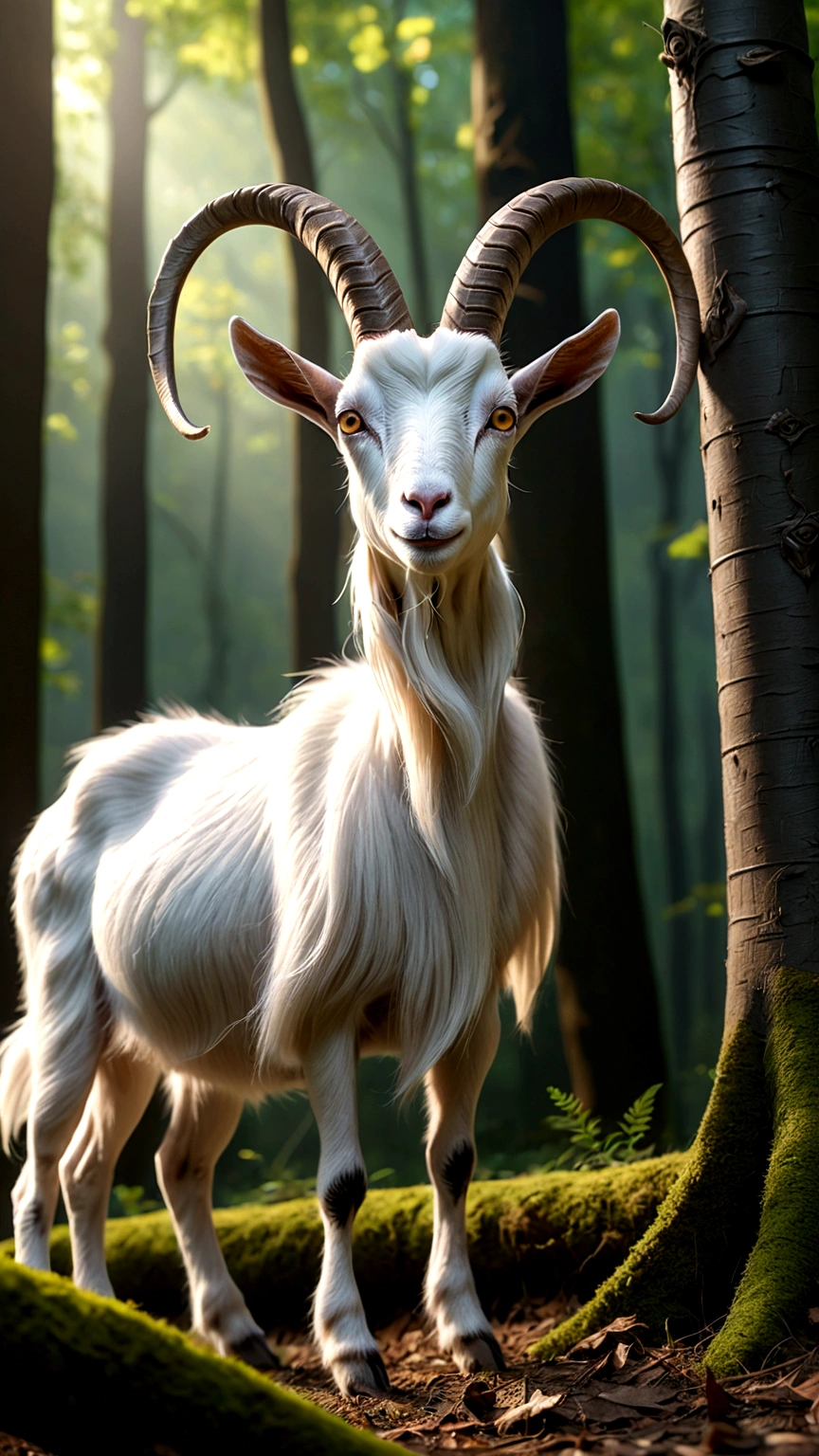 Mysterious creatures in the forest, Goat-like appearance,No eyes,There is a big eye on the back, Four ears, Nine long tails, Side View (best quality, 4K, 8K, High-rise, masterpiece: 1.2), Ultrafine, (Practical, photo Practical, photo Practical: 1.37), Detailed Animals, complex pattern, Dramatic Lighting, Fantasy Creatures