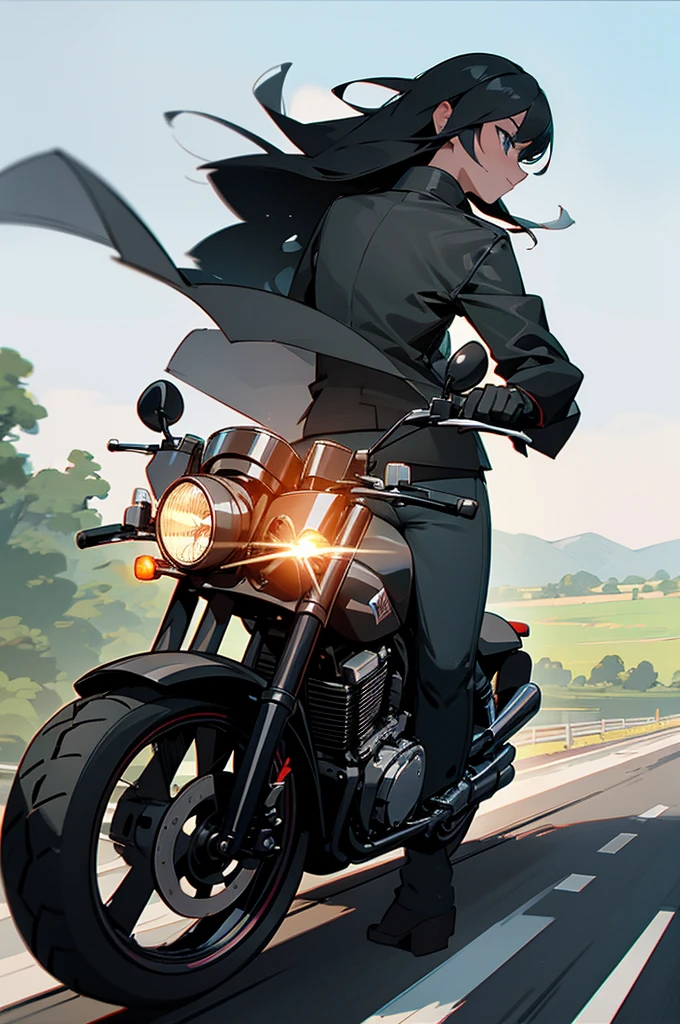 Draw a picture of a pure motorcycle,black,Domineering,Cool,Heavy locomotives,Four-cylinder,Only motorcycles,No one rides。