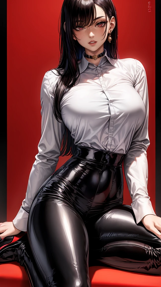 bright red eyes)beautiful, beautiful woman, perfect anatomy, perfect body, whole body, big breasts, choker:1.6, captivating look, slight smile, realism, Masterpiece, Rough skin, super detailed, high detail, high quality, 最high quality, 1080P, 16k, realist, 1 girl, (black fur:1.6, waist length hair), crop top, shiny black leggings, red chapped lips, blush, evening, sollight, (white long sleeve collared shirt:1.4), (shiny black boots), shy