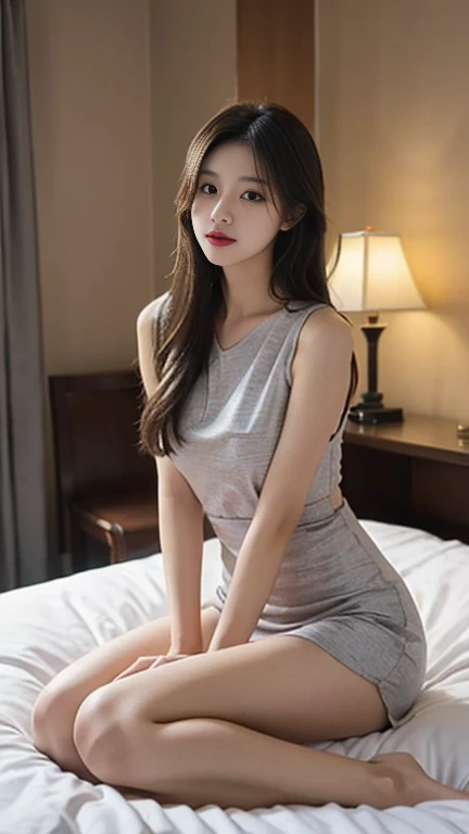 1 Girl,hotel,Sitting on the bed,Soft Light,Chinese Beauty,Tight Fit,Dress,Dark-haired,Length of hair