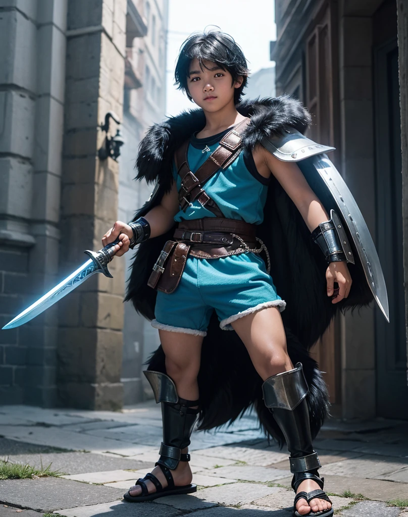 Young 13-year-old boy with black hair and brown eyes, innocent and happy, dressed in short neon-blue medieval barbarian clothes, fur shorts, light-blue battle armor, weilding silver sword and shield, sandals; fullbody; short hair, boyish athletic, sexy, medieval background