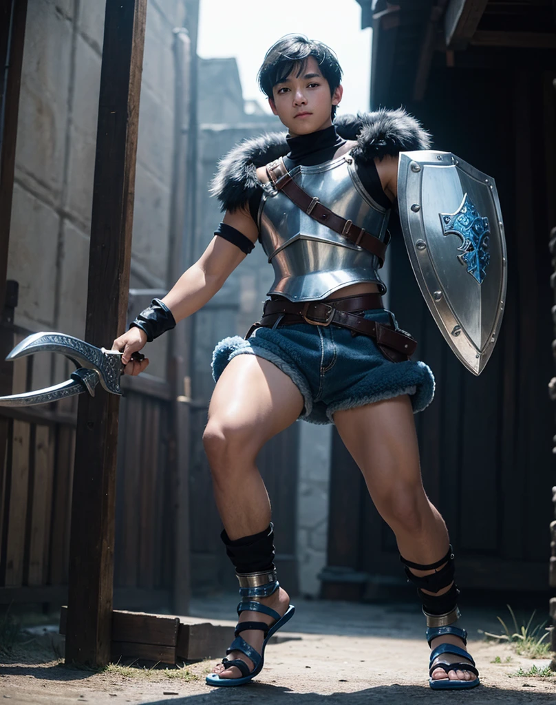 Young 13-year-old boy with black hair and brown eyes, innocent and happy, dressed in short neon-blue medieval barbarian clothes, fur shorts, light-blue battle armor, weilding silver sword and shield, sandals; fullbody; short hair, boyish athletic, sexy, medieval background