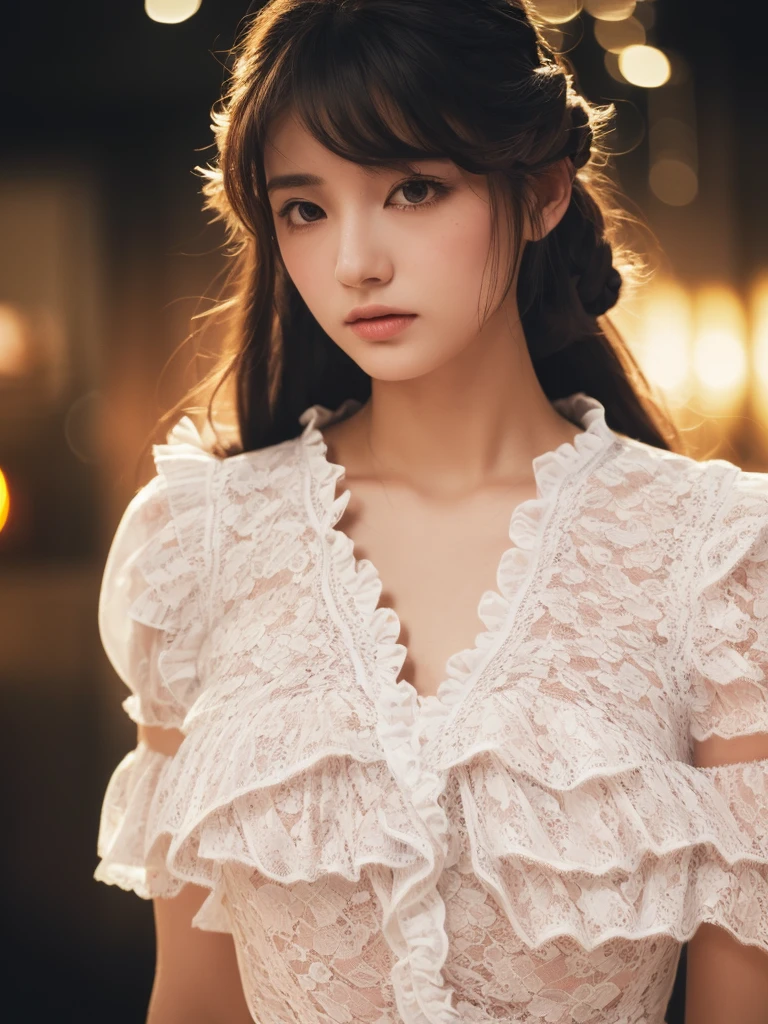 dreamy ambiance, highcontrast, ultrasharp, studio shoot、close up of face、(White Lace Ruffled Shirt Dress:1.5), (large ????? with increased tension,,,,:1.3), Focus on the ?????、Enhanced body、realisitic、Photo Real、extremely detailed cute girl、17 age、japanes、Melancholy look, large full ???????、A dark-haired、Hair braids、thick bangs、Night, neons, Digital SLR, Looking at Viewer, natural, Candid, Sophisticated, zora々Right, Professional Lighting, Film grain, chromatic abberation, (Bokeh:1.1)