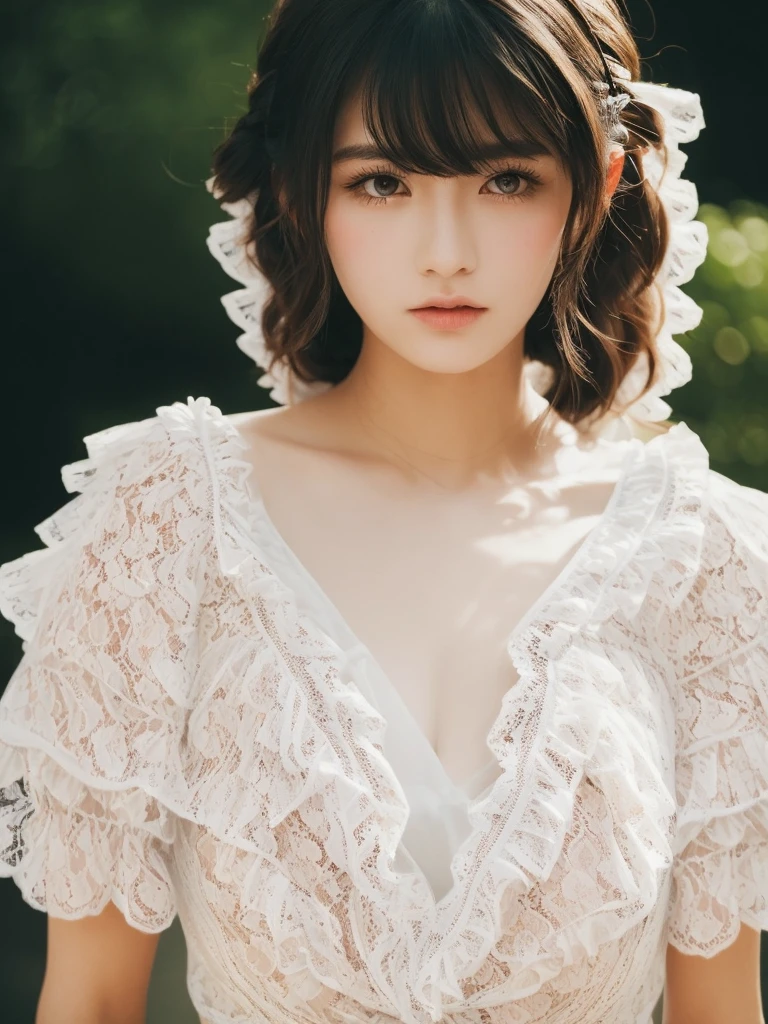 dreamy ambiance, highcontrast, ultrasharp, studio shoot、close up of face、(White Lace Ruffled Shirt Dress:1.5), (large chest with increased tension,,,,:1.3), Focus on the chest、Enhanced body、realisitic、Photo Real、extremely detailed cute girl、17 age、japanes、Melancholy look, large full breasts、A dark-haired、Hair braids、thick bangs、Night, neons, Digital SLR, Looking at Viewer, natural, Candid, Sophisticated, zora々Right, Professional Lighting, Film grain, chromatic abberation, (Bokeh:1.1)