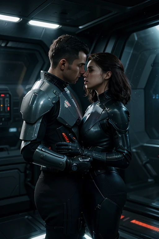 sci fi story, man and woman kissing, sci fi suits, space battle in the background, mass effect vibes, nostromo vibes, the expanse vibes.