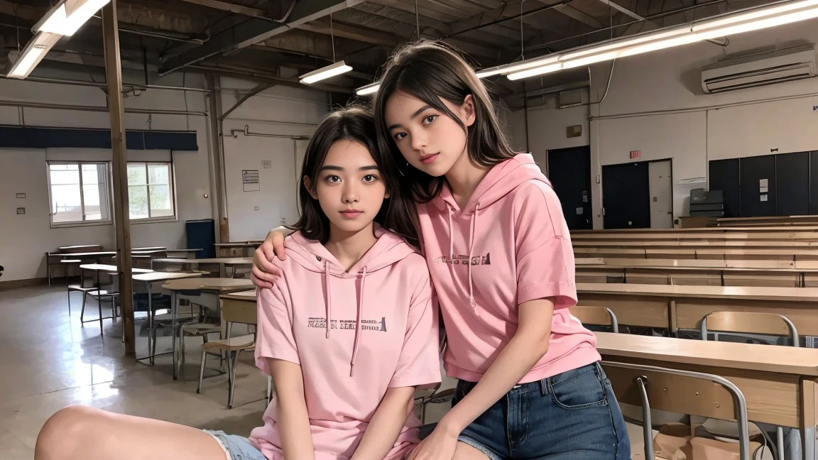 deux femmes ensemble de 18 ans sexy et mince , pink short sleeve hoodie , salle de classe, se touche,position sey,sensuel