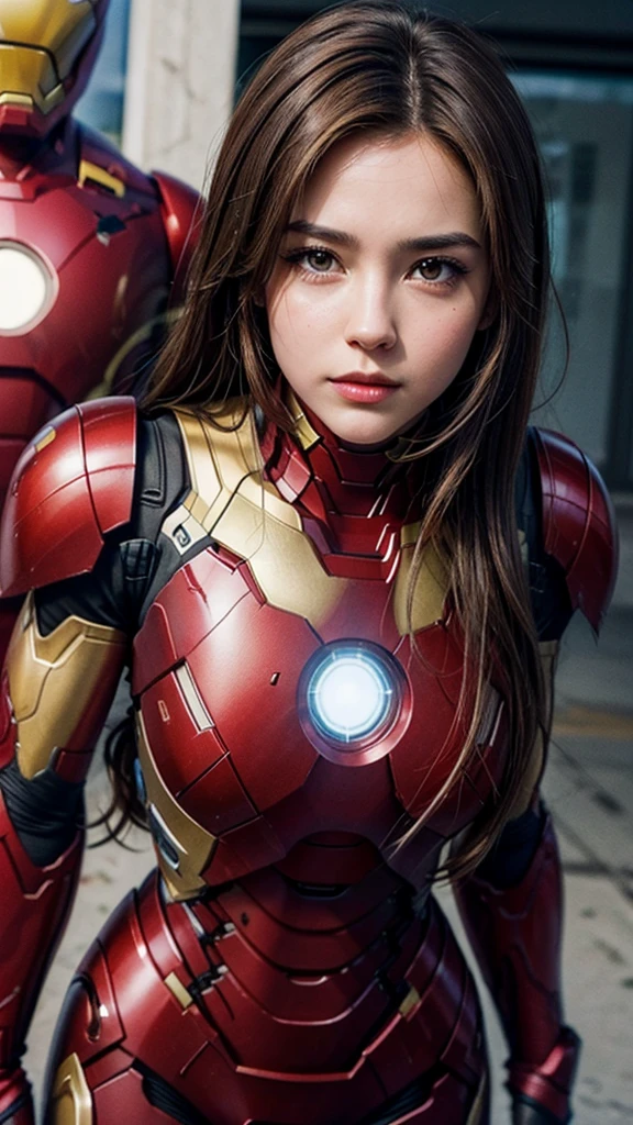 Girl with brown hair, brown eyes, and Iron Man armor
