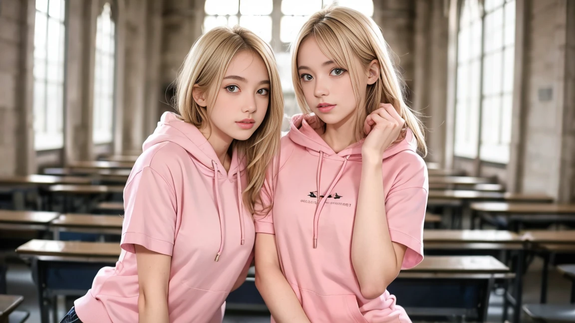 deux femmes blonde ensemble de 18 ans sexy et mince , pink short sleeve hoodie , salle de classe, se touche,position sey,sensuel