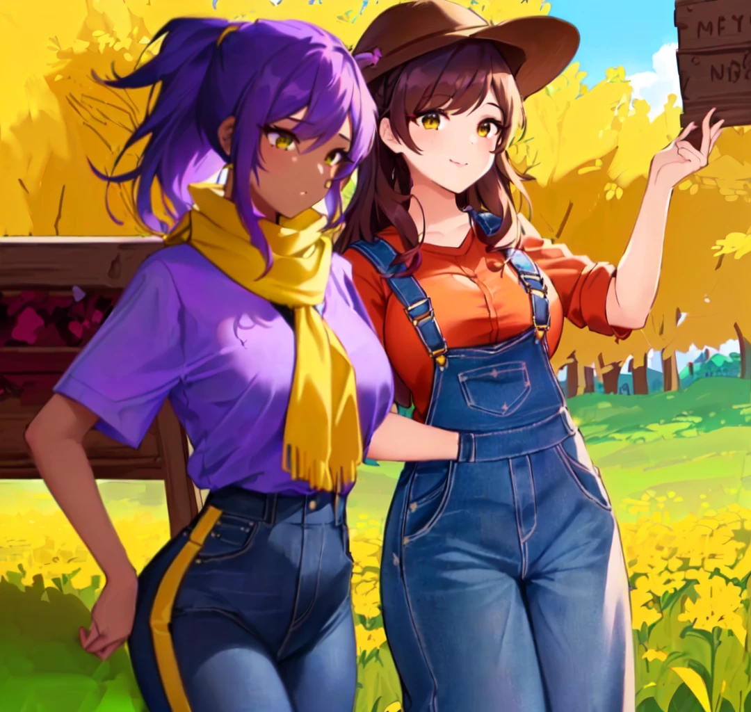 on right mavis ( a picture of a woman in a hat and overalls, abigail from stardew valley, high res, madeline from celeste, thic, safe for work, oc commission, sfw version, blue, full body:: sunny weather:: long brown hair Red shirt ) and on left shellyBS ( woman, purple hair, ponytail, yellow hairclip, dark skin, bandaid on face, yellow scarf, purple shirt, short sleeves, blue pants, thicc ) kissing each other
