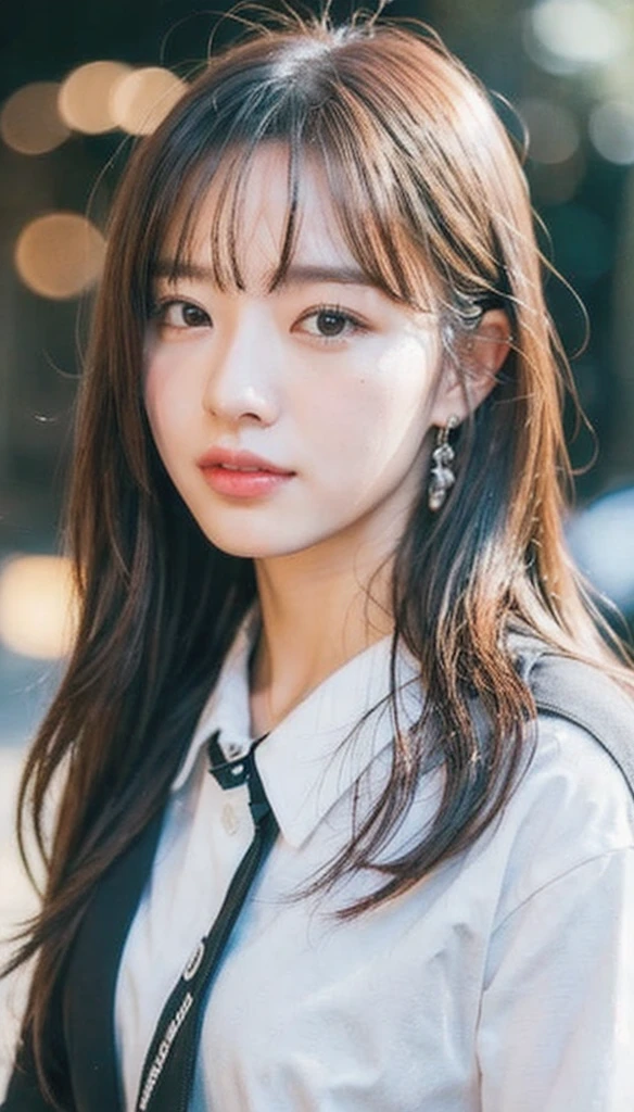 (8K, Best Quality, Masterpiece, Ultra High Definition, High Definition Face: 1.3), Portrait, (20 years old girl: 1.3), Beautiful, Cute, Brown hair, Clothes, Bokeh, cowboy shot, light smile, shirt, collared shirt,