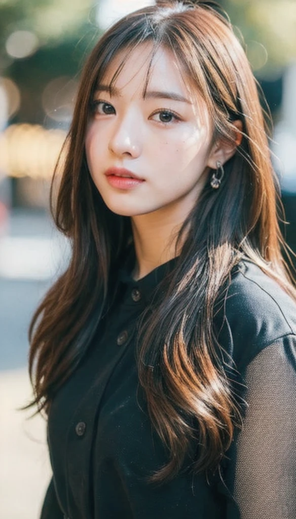 (8K, Best Quality, Masterpiece, Ultra High Definition, High Definition Face: 1.3), Portrait, (20 years old girl: 1.3), Beautiful, Cute, Brown hair, Clothes, Bokeh, cowboy shot, light smile, shirt, collared shirt,