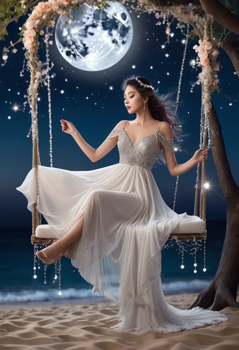 Description.. On a magical night, where the sky meets the sea, the moon appears as a piece of silver suspended in the reins. Shining stars sparkle in the dark, as if dancing to the tunes of the gentle wind. And there on the beach, a dreamy girl sits, her dress made of lace and chiffon, elegantly wrapping around her body. Crystals and pearls decorate the dress in wonderful shapes, as if they are dew drops on night flowers. She sits on a swing suspended between two flower trees. The flowers hang from the moon. The wind plays with her hair, in a scene that carries magic and romance, and makes the night more beautiful and inspiring. 🌙✨🌸