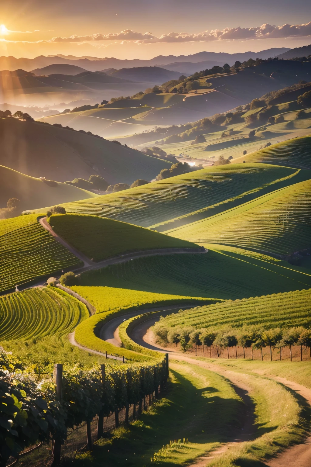 a lush, rolling grape vineyard, beautiful detailed landscape, golden sunlight, vibrant green vines, ripe purple grapes, (best quality,4k,8k,highres,masterpiece:1.2),ultra-detailed,(realistic,photorealistic,photo-realistic:1.37),landscape,cinematic lighting,dramatic shadows,warm color tones,nature scenery,scenic countryside,idyllic countryside view,countryside landscape,golden hour lighting