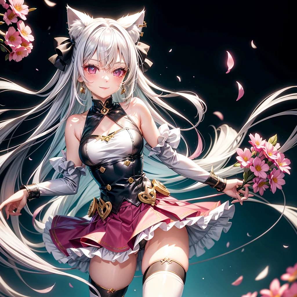 Silver hair, pink eyes, body, cat ears, adult girl, earrings, flower background, green gold top and skirt, hair bows, happy face, thigh up 