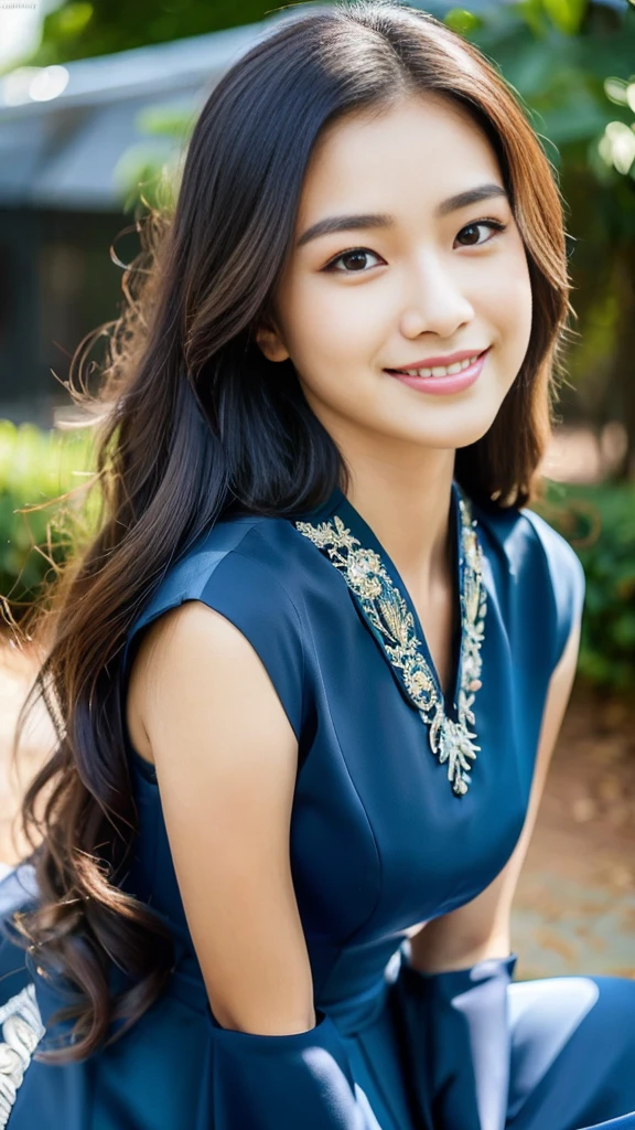 Indonesian girl, 18 years old, (masterpiece), Javanese skin tone, best quality, expressive eyes, perfect face, (ultra realistic), (blue Formal Suit), Smile, Long Black Hair, innocent face, natural wavy hair, brown eyes, High resolution, masterpiece, Best quality, intricate high detail, highly detailed, focus sharp focus, detailed skin, realistic skin texture, texture, detailed eyes, professional, 4K, charming smile, filmed on Canon, 85 mm, shallow depth of field, Kodak Vision Color, perfect fit body, Extremely detailed, photograph_\(ultra\ ), photoreallistic, Realstic, Post-processing, Maximum details, roughness, real life, ultra realist, photorealism, photography, 8K UHD, photography