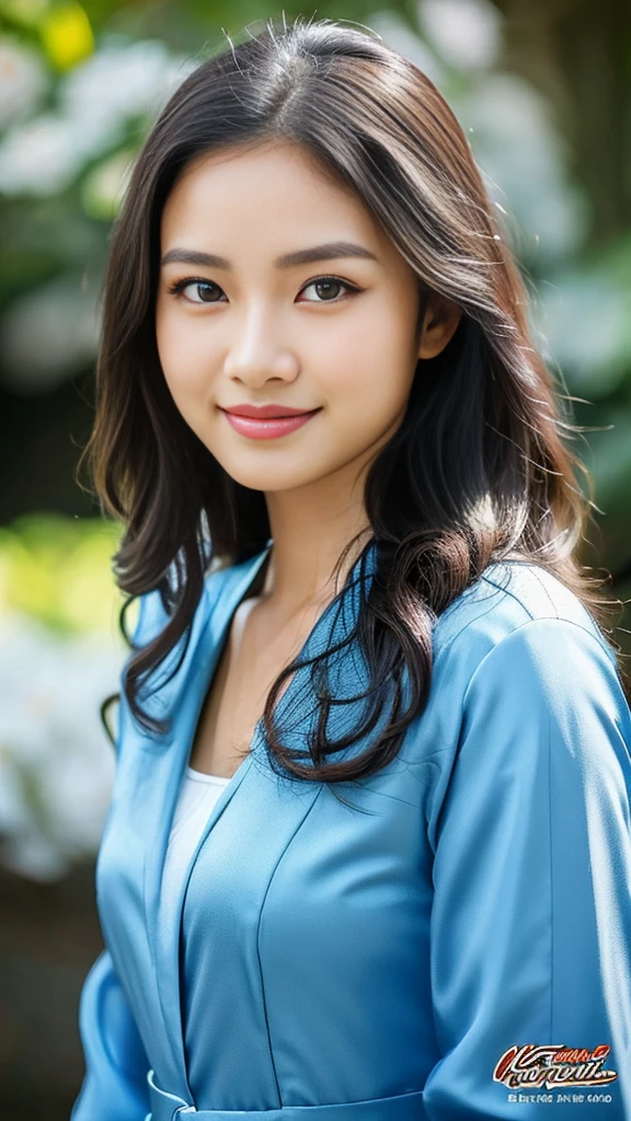 Indonesian girl, 18 years old, (masterpiece), Javanese skin tone, best quality, expressive eyes, perfect face, (ultra realistic), (blue Formal Suit), Smile, Long Black Hair, innocent face, natural wavy hair, brown eyes, High resolution, masterpiece, Best quality, intricate high detail, highly detailed, focus sharp focus, detailed skin, realistic skin texture, texture, detailed eyes, professional, 4K, charming smile, filmed on Canon, 85 mm, shallow depth of field, Kodak Vision Color, perfect fit body, Extremely detailed, photograph_\(ultra\ ), photoreallistic, Realstic, Post-processing, Maximum details, roughness, real life, ultra realist, photorealism, photography, 8K UHD, photography