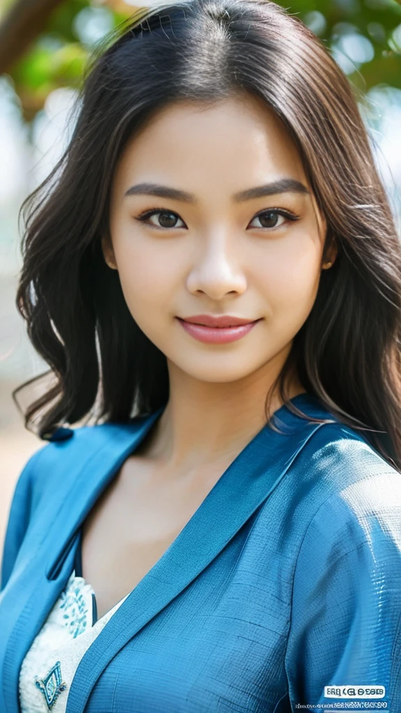 Indonesian girl, 18 years old, (masterpiece), Javanese skin tone, best quality, expressive eyes, perfect face, (ultra realistic), (blue Formal Suit), Smile, Long Black Hair, innocent face, natural wavy hair, brown eyes, High resolution, masterpiece, Best quality, intricate high detail, highly detailed, focus sharp focus, detailed skin, realistic skin texture, texture, detailed eyes, professional, 4K, charming smile, filmed on Canon, 85 mm, shallow depth of field, Kodak Vision Color, perfect fit body, Extremely detailed, photograph_\(ultra\ ), photoreallistic, Realstic, Post-processing, Maximum details, roughness, real life, ultra realist, photorealism, photography, 8K UHD, photography