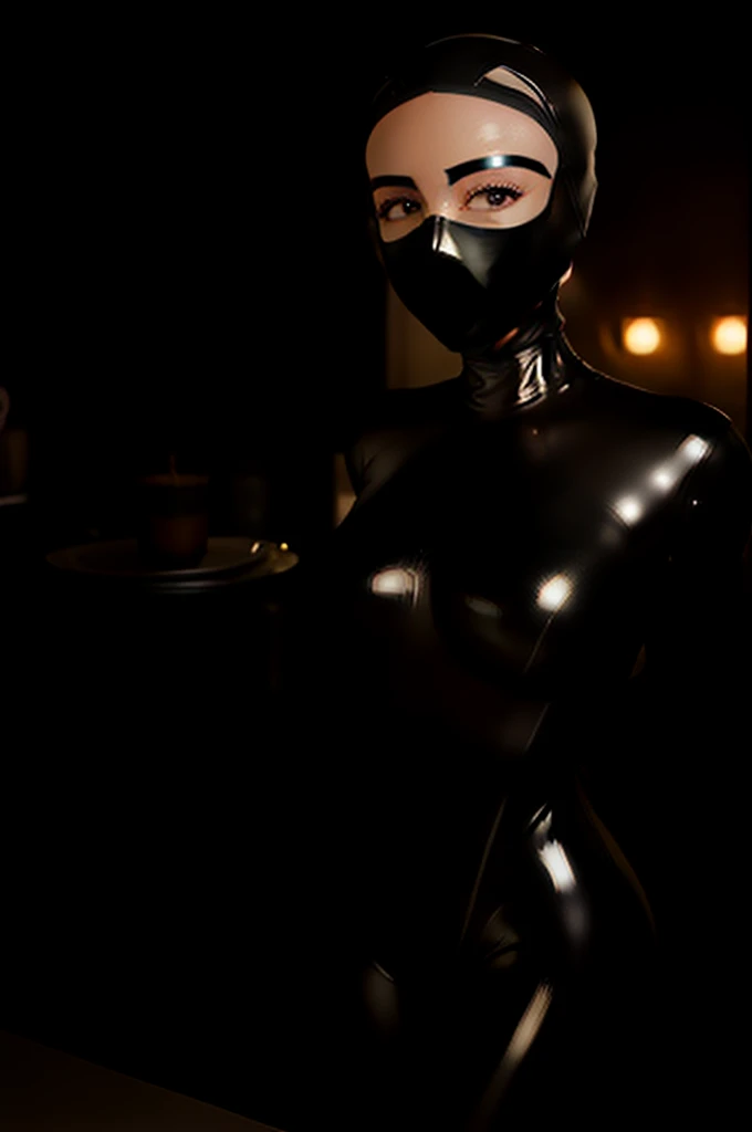 (far shot, full shot), photorealistic masterpiece, photoshoot, hasselblad photography, face, (skinny) Adult waitress wearing a silver (latex mask, latex hood, open latex catsuit:1.5), (large breasts, perfect cleavage, round breasts, plunging neckline:1.2), extremely detailed face, beautiful face, cinematic lightning, (studio lighting), (serving in a restaurant, holding a plate, dishes, food, serving:1.2)
