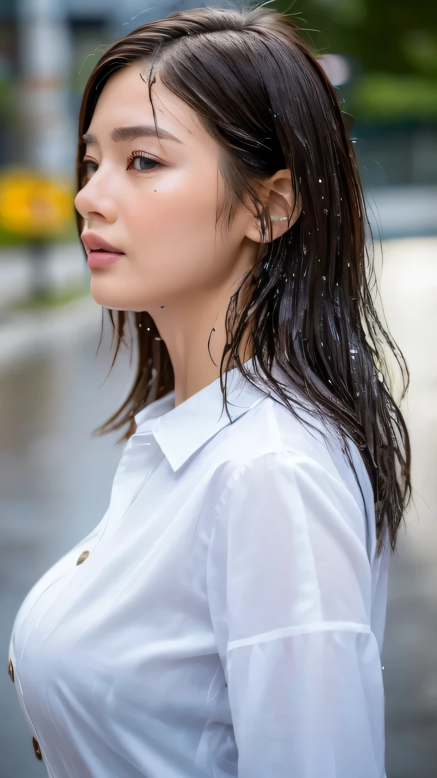 ((Highest quality, 8K, masterpiece: 1.3)), sharp: 1.2, Perfect Body Beauty: 1.4, Slim Abs: 1.2, ((Layered Hairstyles, Big Breasts: 1.2)), (Wet White Button Long Shirt: 1.1), (rain, street: 1.2), Wet: 1.5, Highly detailed face and skin texture, Fine grain, double eyelid, Profile looking at the camera