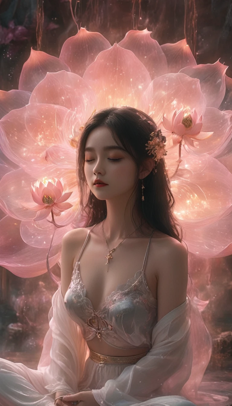 Full body photo of a girl in lotus position,Anatomically correct,born, Cinematic shots, (Sharp focus:1.5), (Realistic:1.4), dusk lighting, Volumetric lighting, Ultra-high resolution, 16K,Dramatic lighting, Abstract background:1.5)(Tangleた,Datura stramonium,Holding a heart light in your hand、Tangle,Intertwined:0.7)witch,Haori, Foxfire spells, conversion, Depth of written boundary, A fantastic atmosphere, The most beautiful form of chaos, Elegance, Fauvist Design Dark Theme, flowers of death, flowers of ecstasy,Glowing Lines,Glow Example,Tracking example,flash, Backlight,translucent,Particles of light,hill,exit