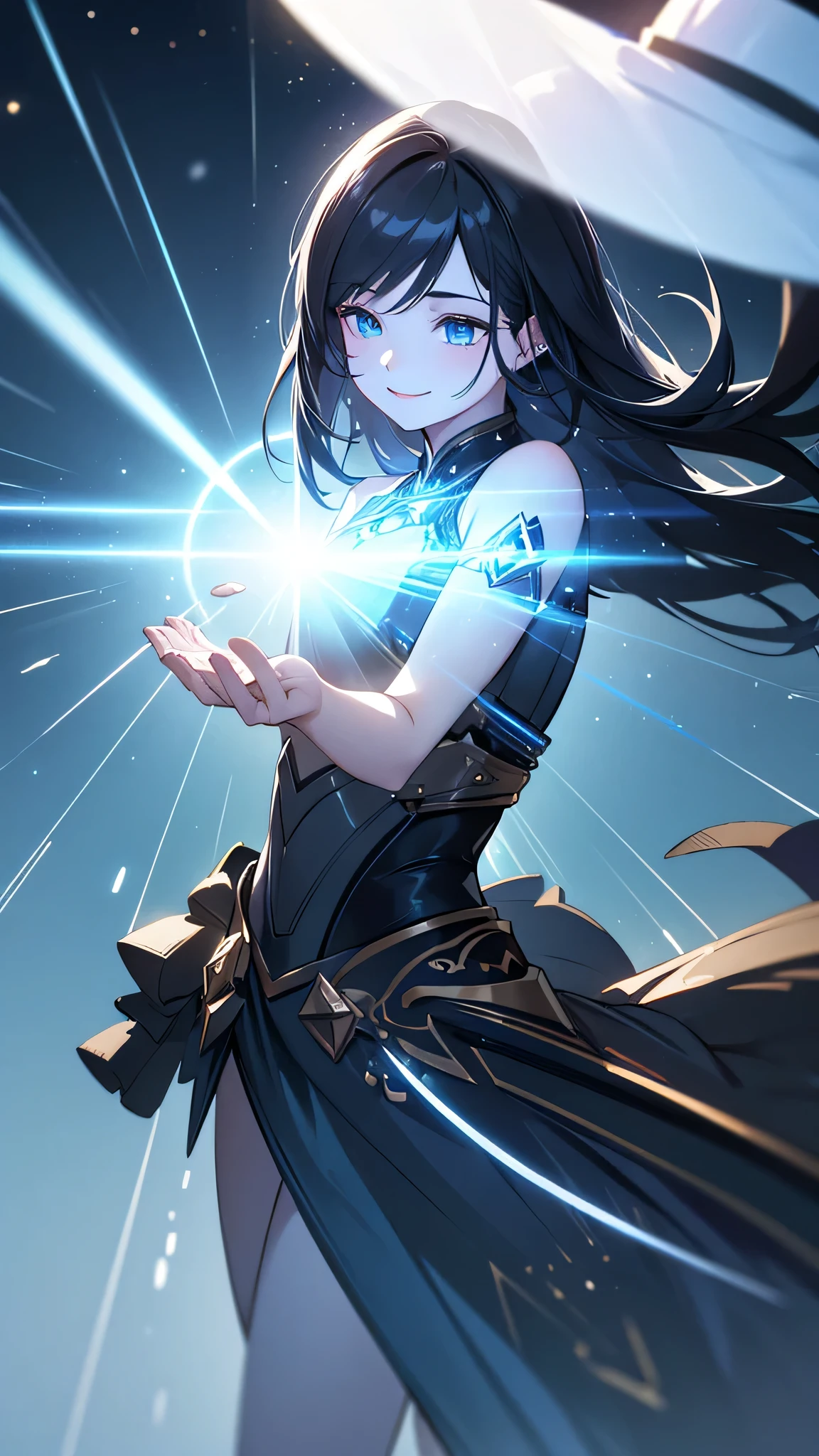 1girl,falling from the sky,long black hair,light blue eyes,,smiling,fantasy,particles of light,best quality,4k,8k,highres,masterpiece:1.2,ultra-detailed,realistic,photorealistic,photo-realistic:1.37,hdr,uhd,studio lighting,ultra-fine painting,sharp focus,physically-based rendering,extreme detail description,professional,vivid colors,bokeh