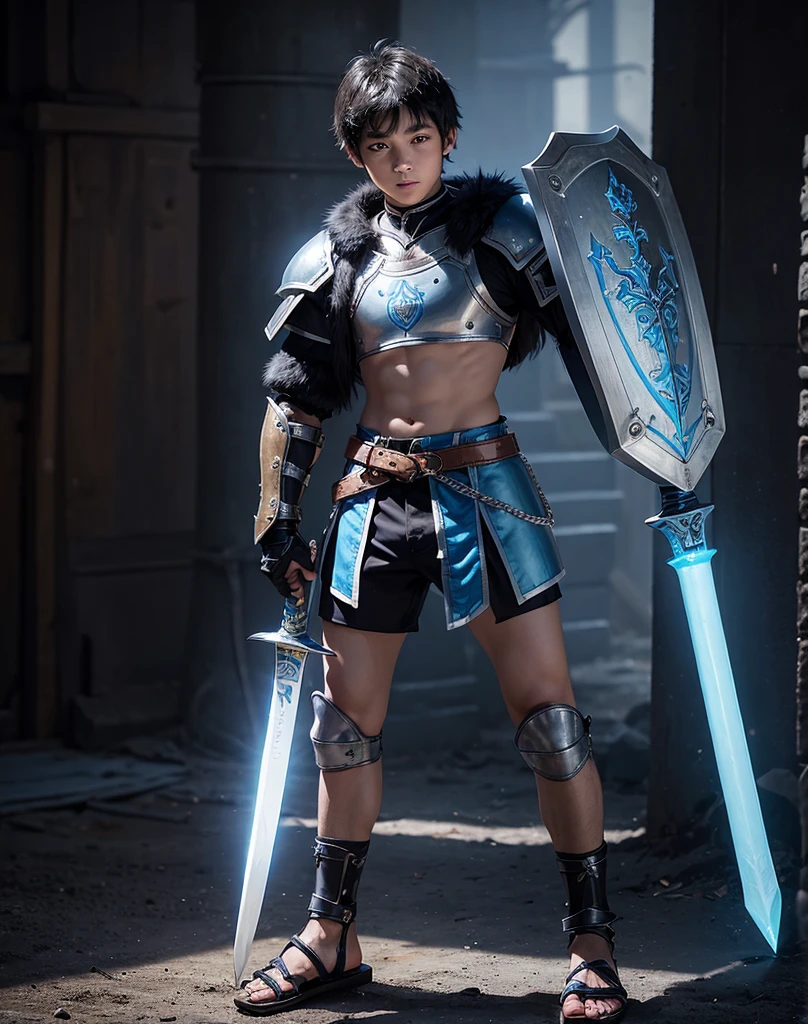 Young 13-year-old boy with black hair and brown eyes, innocent and happy, dressed in short neon-blue medieval barbarian clothes, fur shorts, light-blue battle armor, weilding silver sword and shield, sandals; fullbody; short hair, boyish athletic, sexy, medieval background