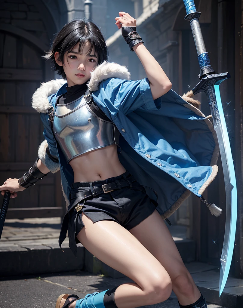 Young 13-year-old boy with black hair and brown eyes, innocent and happy, dressed in short neon-blue medieval barbarian clothes, fur shorts, light-blue battle armor, weilding silver sword and shield, sandals; fullbody; short hair, boyish athletic, sexy, medieval background